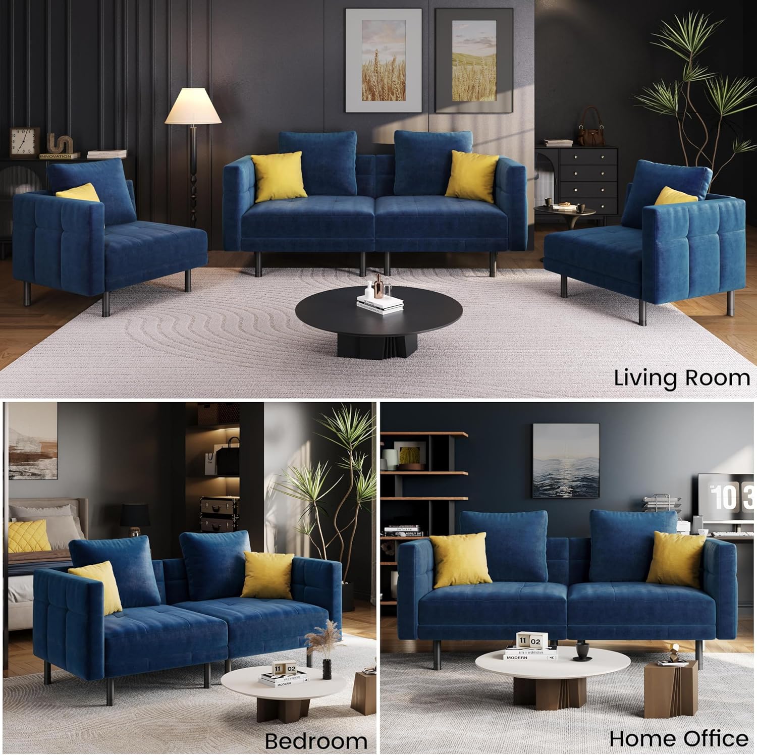 Sofá Cama Terciopelo 2 Plazas Convertible con 4 Almohadas Azul