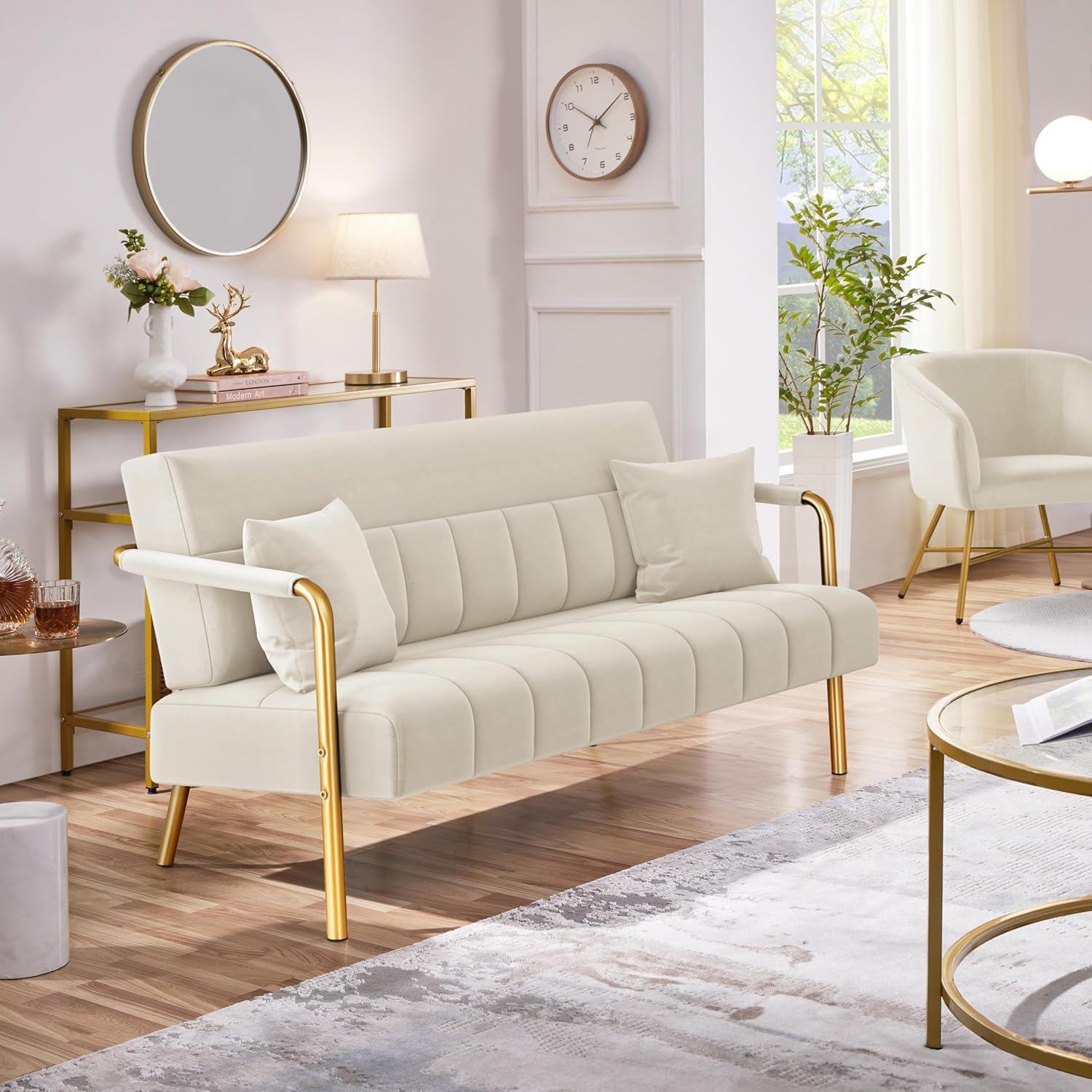 Sofá de Tela de Terciopelo de Dos Plazas Beige