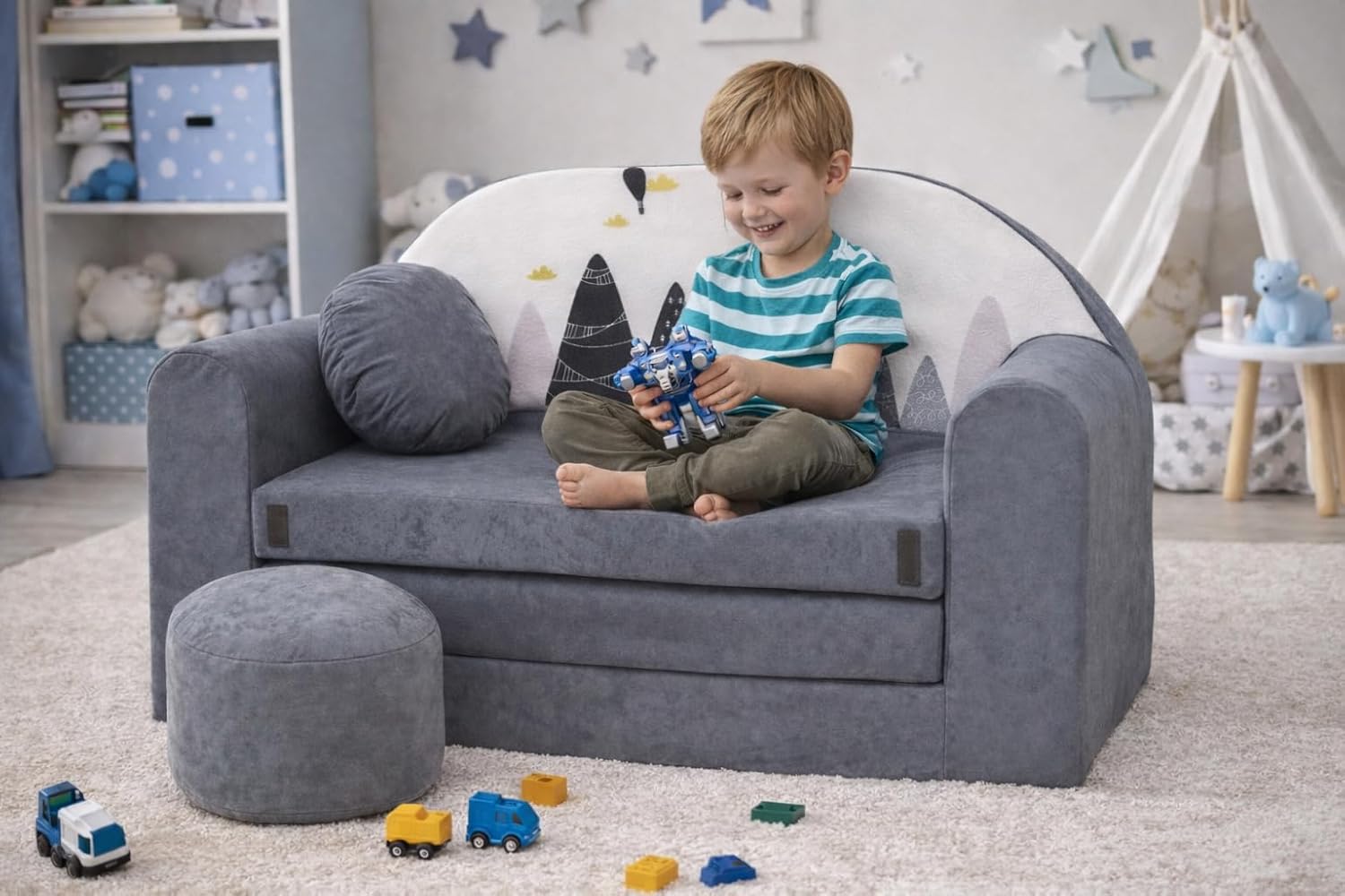Sofa Plegable para ninos con funcion de Dormir con Colchon y Puf