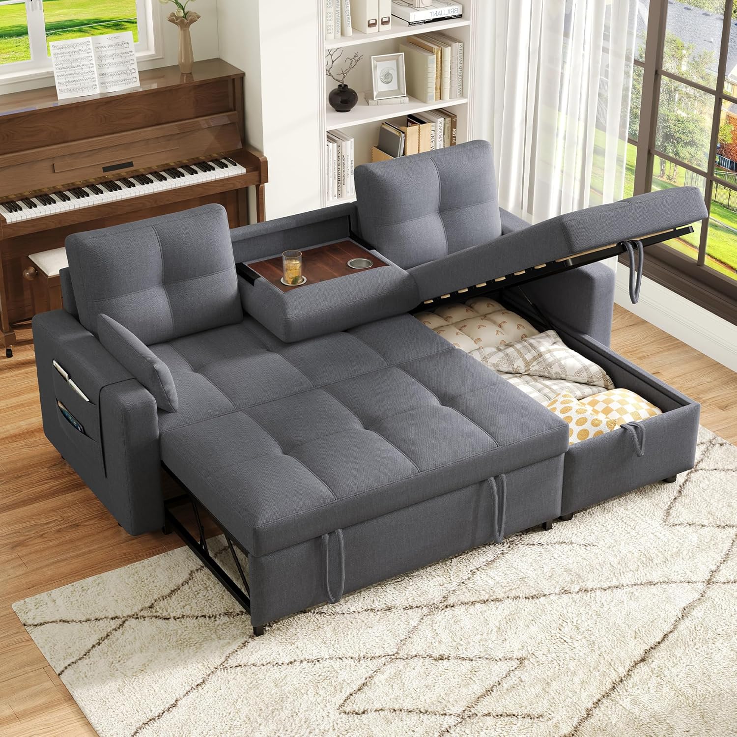 Bladez Sofa cama extensible en forma de L de lino con almacenamiento