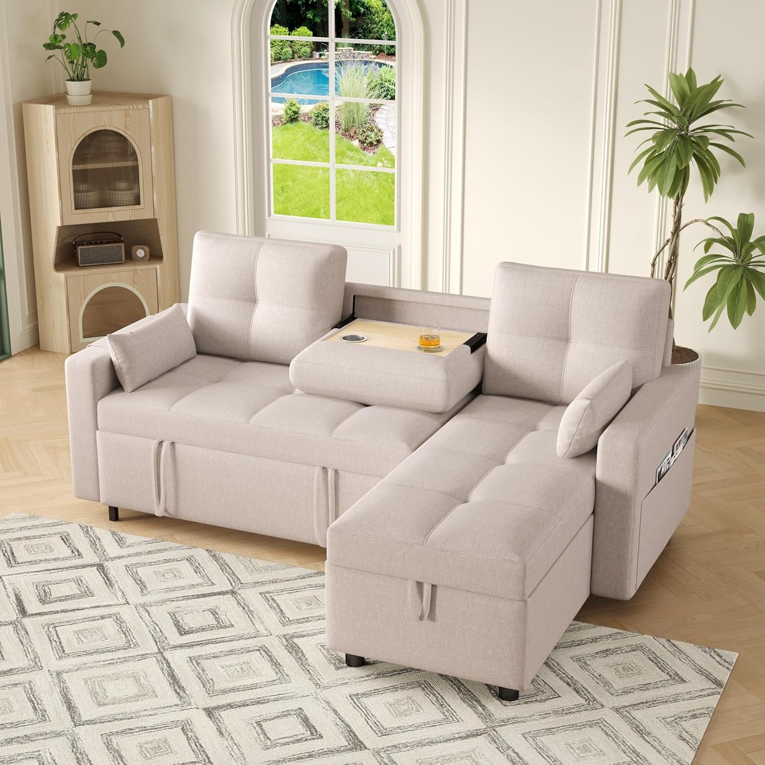 Sofa cama extensible en forma de L de lino con espacio de almacenamiento
