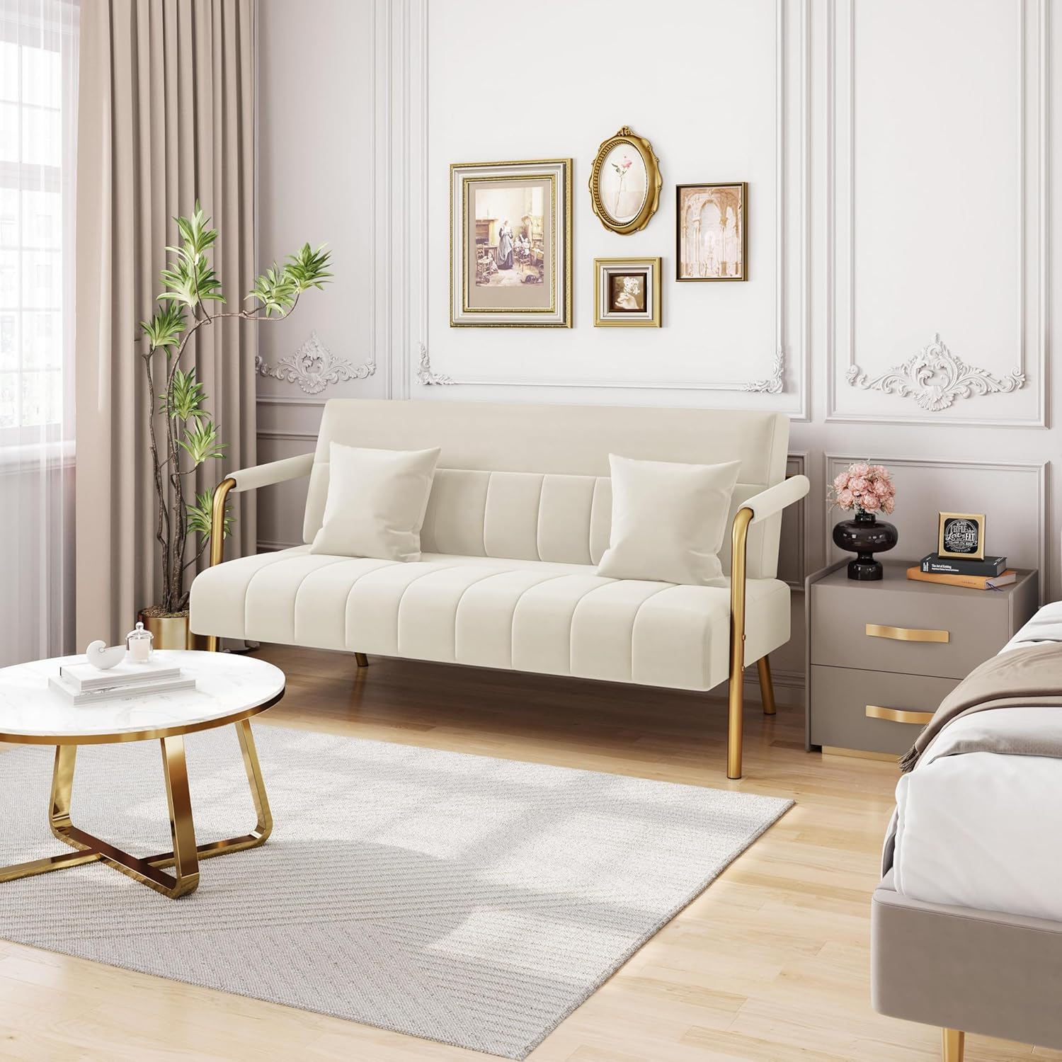 Sofá de Tela de Terciopelo de Dos Plazas con Reposabrazos